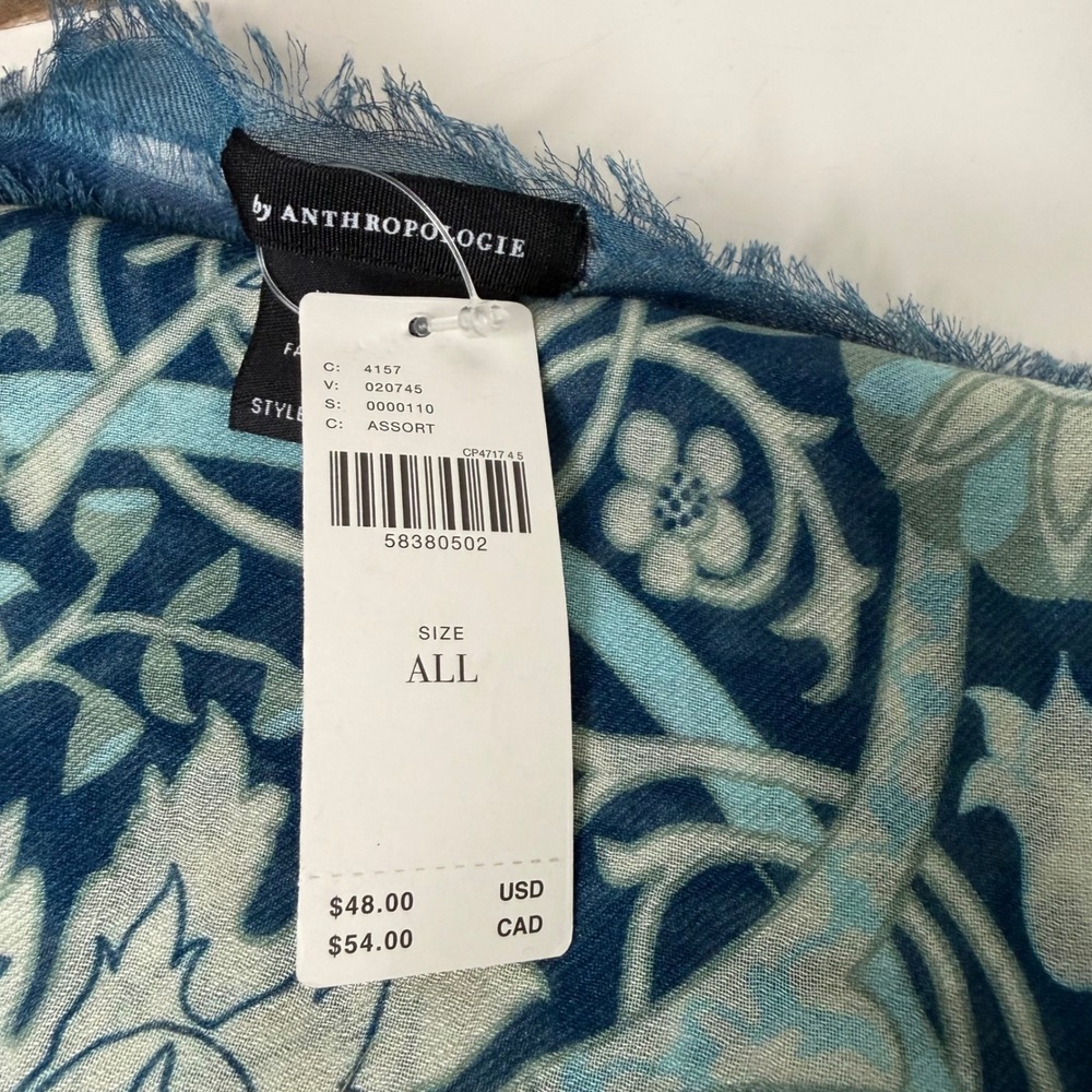 Anthropologie Vismaya Scarf Blue Botanical Bird Print Fringe Boho 40" Square New - Picture 3 of 6